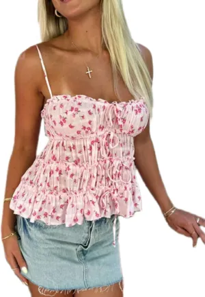Women Y2k Floral Babydoll Tank Top Spaghetti Strap V Neck Ruffle Peplum Cami Top Summer Going Out Camisoles