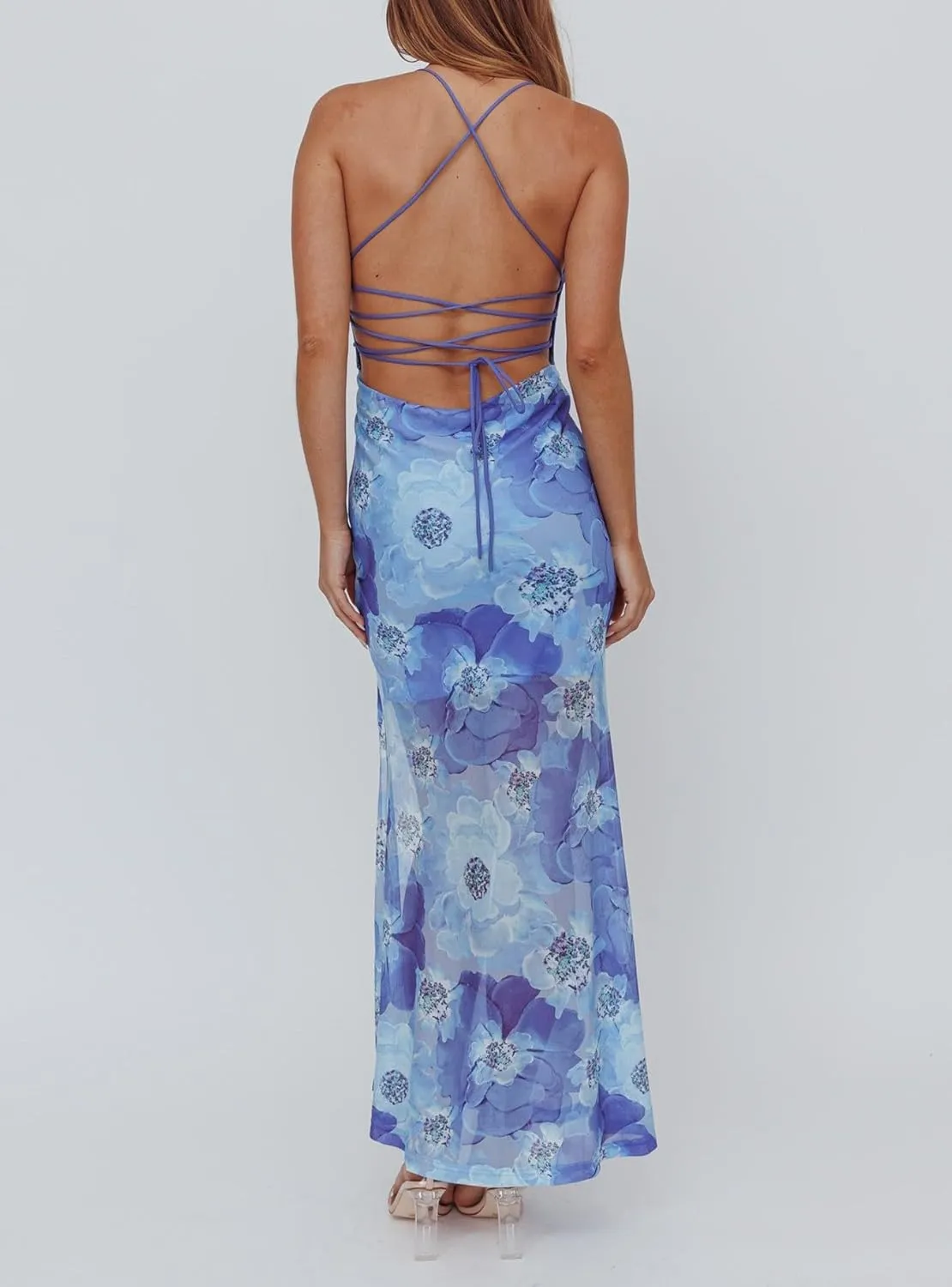 Women Y2K Floral Bodycon Maxi Dress Sleeveless Spaghetti Strap Low Cut Long Dress Boho Beachwear