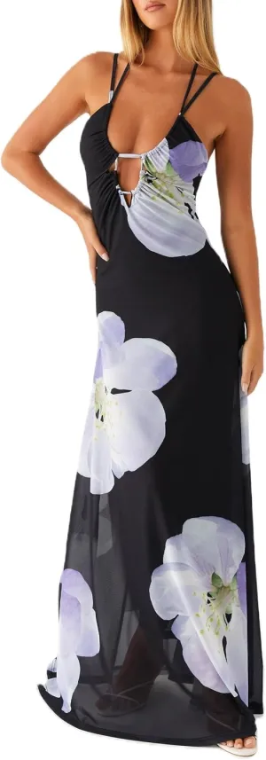 Women Y2K Floral Bodycon Maxi Dress Sleeveless Spaghetti Strap Low Cut Long Dress Boho Beachwear