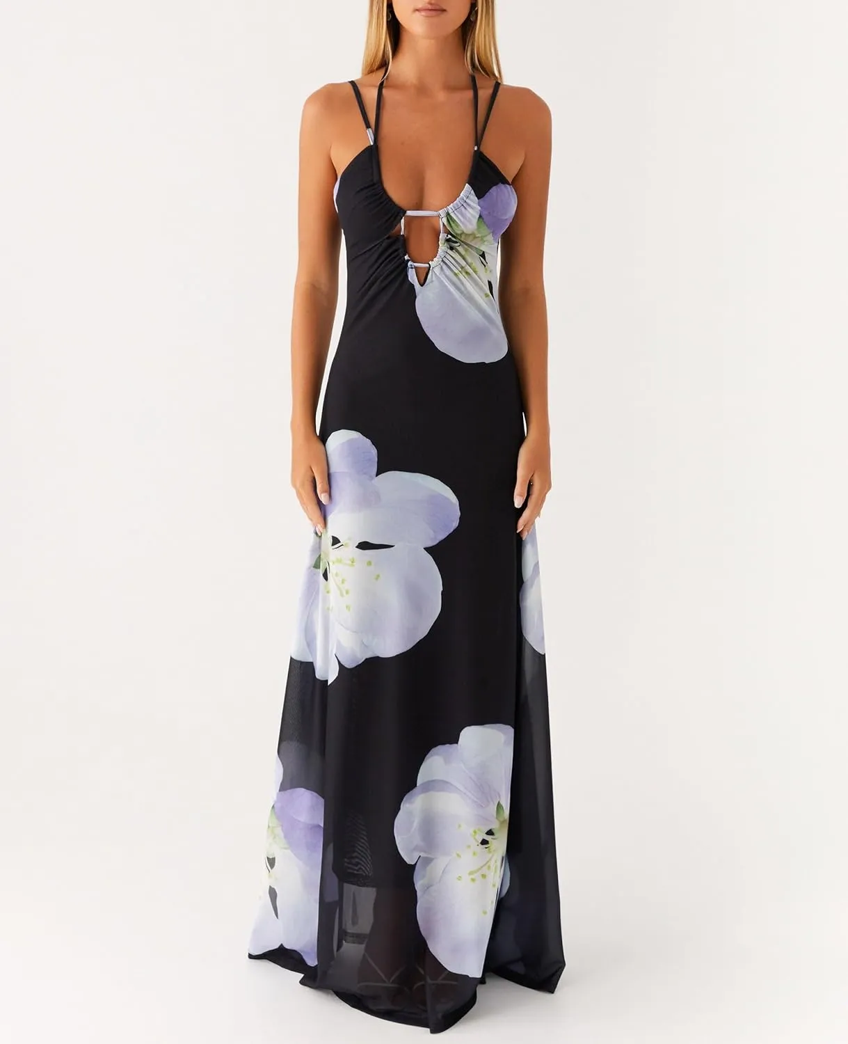 Women Y2K Floral Bodycon Maxi Dress Sleeveless Spaghetti Strap Low Cut Long Dress Boho Beachwear