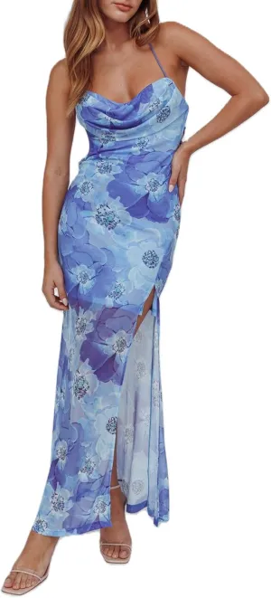 Women Y2K Floral Bodycon Maxi Dress Sleeveless Spaghetti Strap Low Cut Long Dress Boho Beachwear