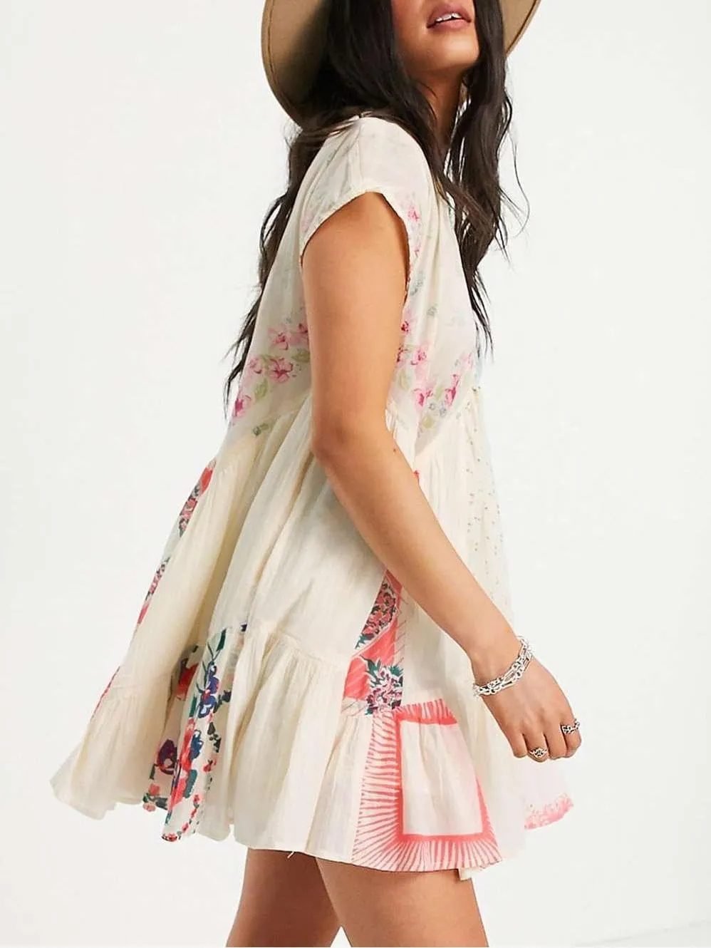 Women Y2k Floral Ruffle Mini Dress Boho V Neck Puff Sleeve Short Dress Flowy Patchwork Babydoll Dress