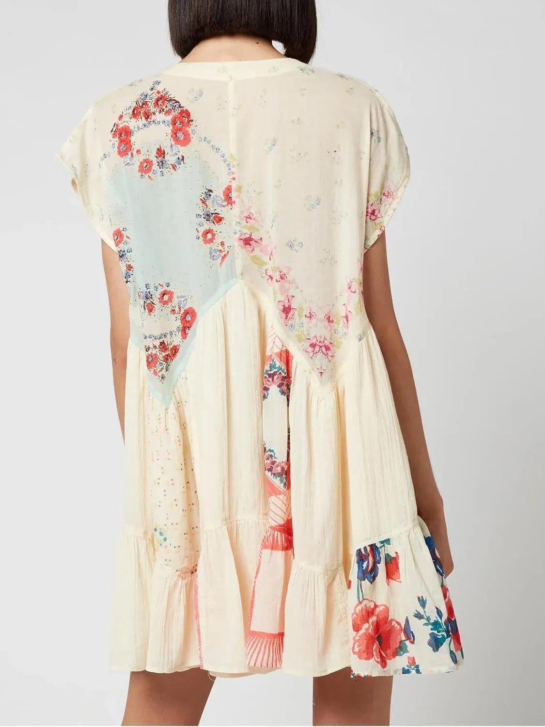 Women Y2k Floral Ruffle Mini Dress Boho V Neck Puff Sleeve Short Dress Flowy Patchwork Babydoll Dress