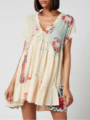 Women Y2k Floral Ruffle Mini Dress Boho V Neck Puff Sleeve Short Dress Flowy Patchwork Babydoll Dress