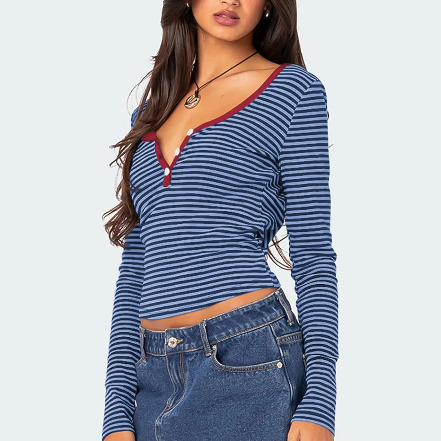 Women Y2k Long Sleeve Striped Tops Ribbed Knit Slim Fit Basic Shirts Button Down V Neck Henley Tee Tops