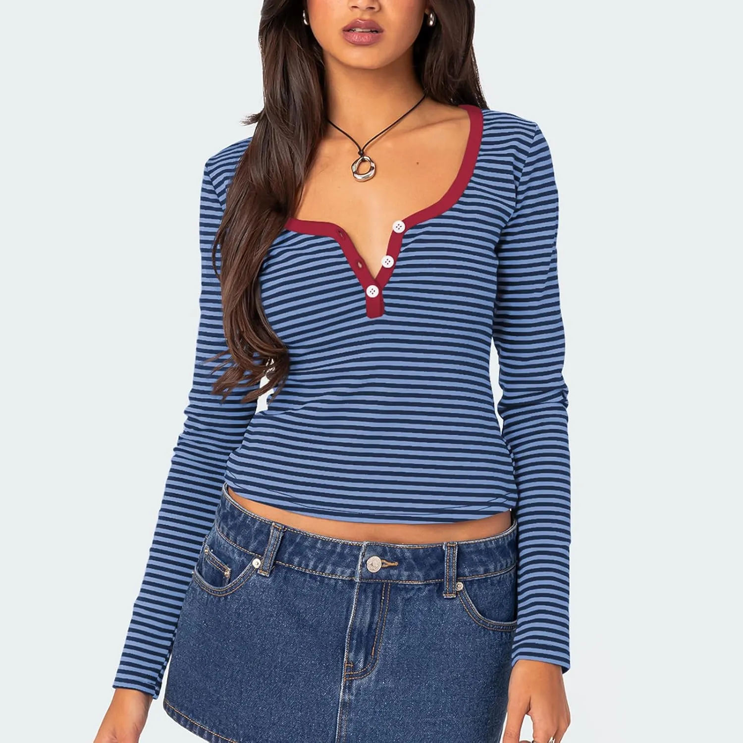 Women Y2k Long Sleeve Striped Tops Ribbed Knit Slim Fit Basic Shirts Button Down V Neck Henley Tee Tops