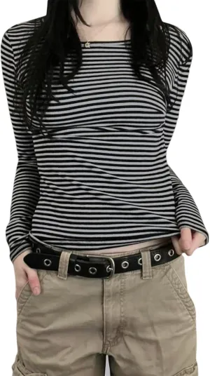 Women Y2k Long Sleeve Striped Tops Ribbed Knit Slim Fit Basic Shirts Button Down V Neck Henley Tee Tops