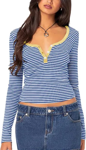 Women Y2k Long Sleeve Striped Tops Ribbed Knit Slim Fit Basic Shirts Button Down V Neck Henley Tee Tops
