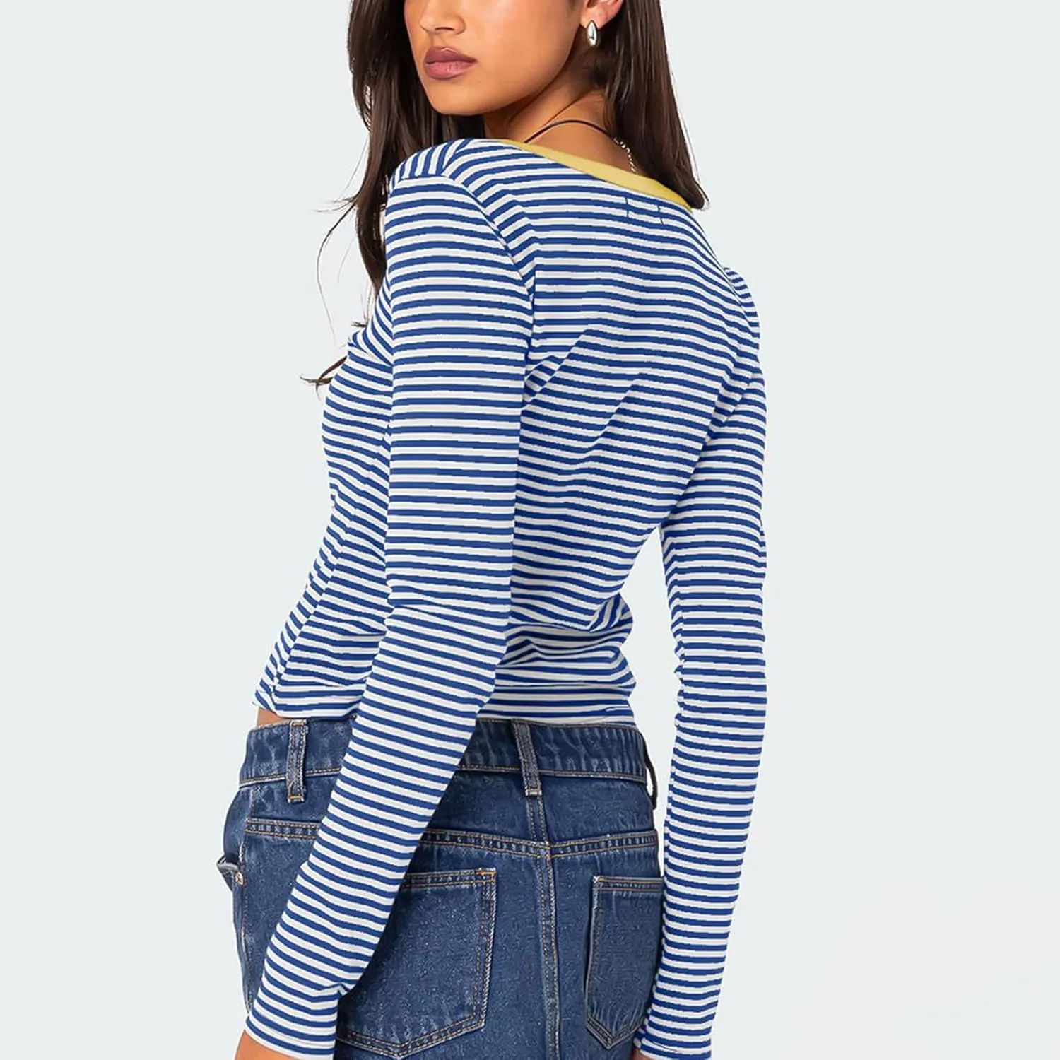 Women Y2k Long Sleeve Striped Tops Ribbed Knit Slim Fit Basic Shirts Button Down V Neck Henley Tee Tops