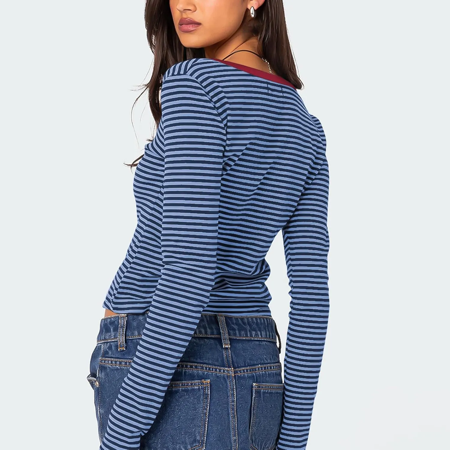 Women Y2k Long Sleeve Striped Tops Ribbed Knit Slim Fit Basic Shirts Button Down V Neck Henley Tee Tops