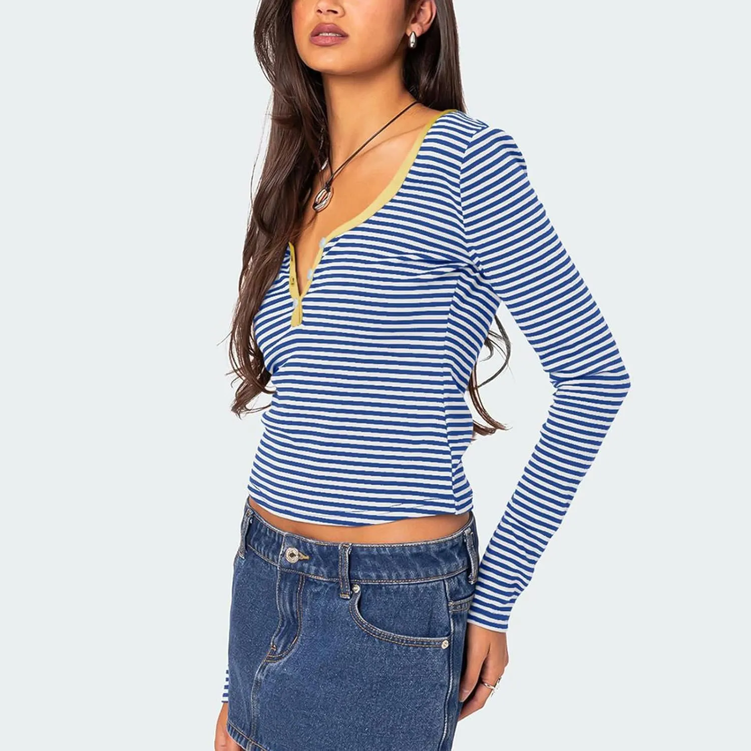 Women Y2k Long Sleeve Striped Tops Ribbed Knit Slim Fit Basic Shirts Button Down V Neck Henley Tee Tops