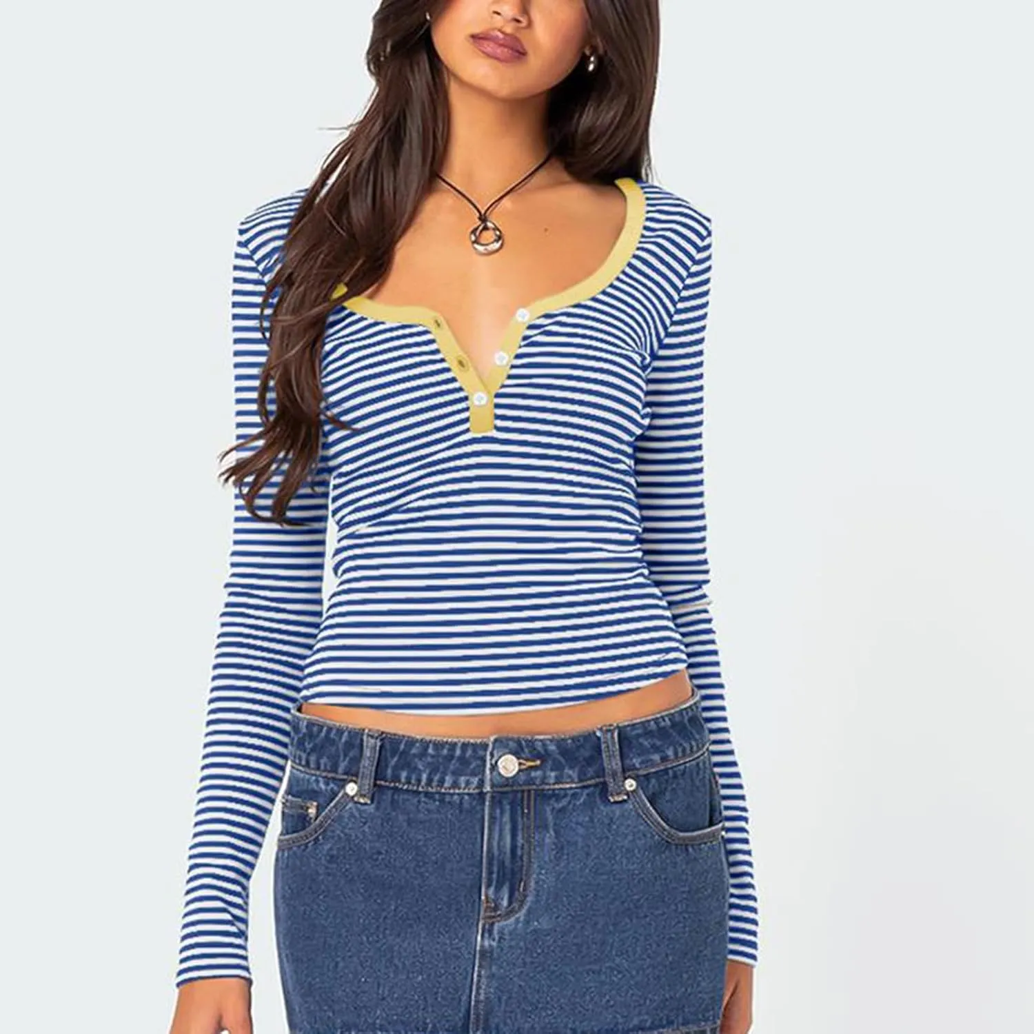 Women Y2k Long Sleeve Striped Tops Ribbed Knit Slim Fit Basic Shirts Button Down V Neck Henley Tee Tops