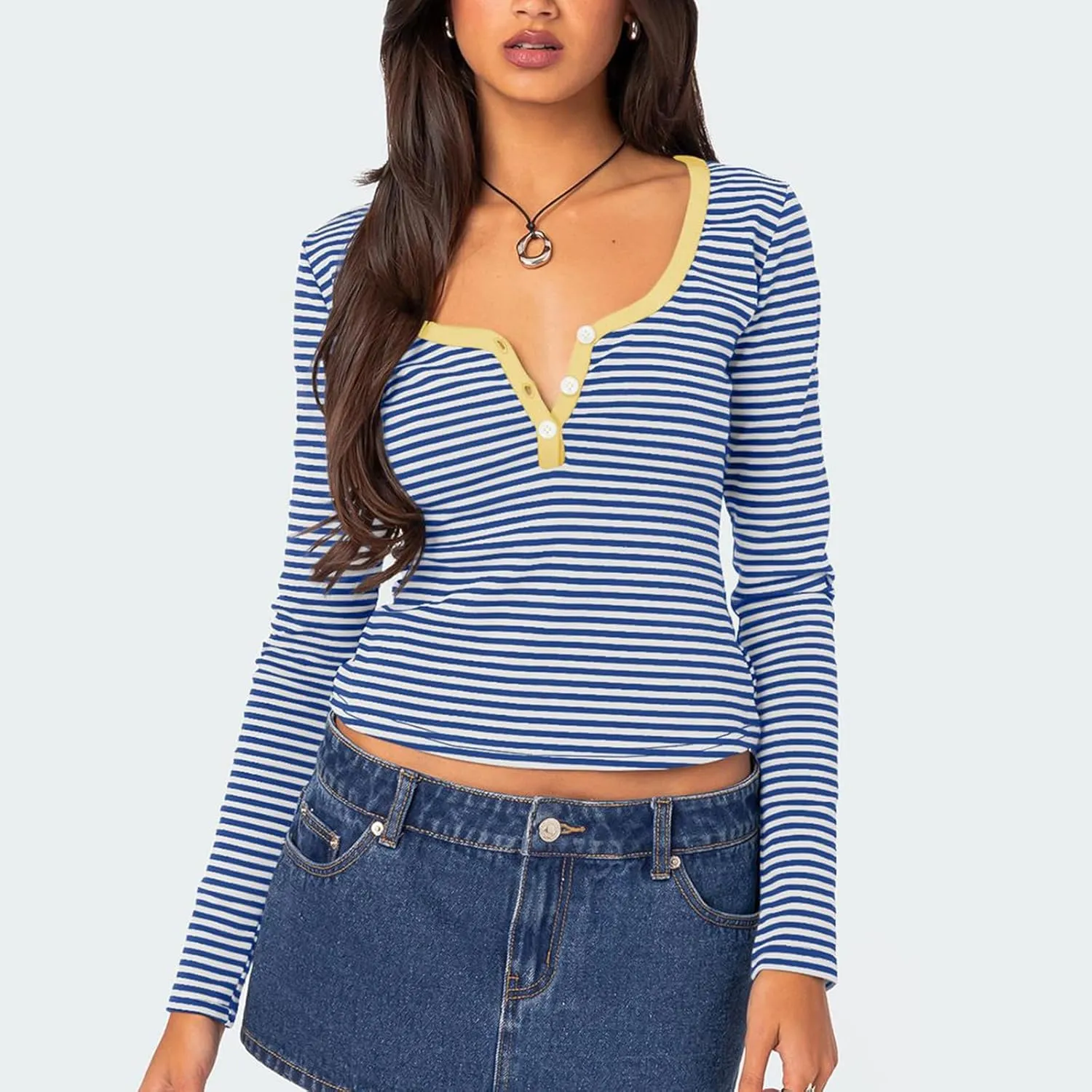 Women Y2k Long Sleeve Striped Tops Ribbed Knit Slim Fit Basic Shirts Button Down V Neck Henley Tee Tops