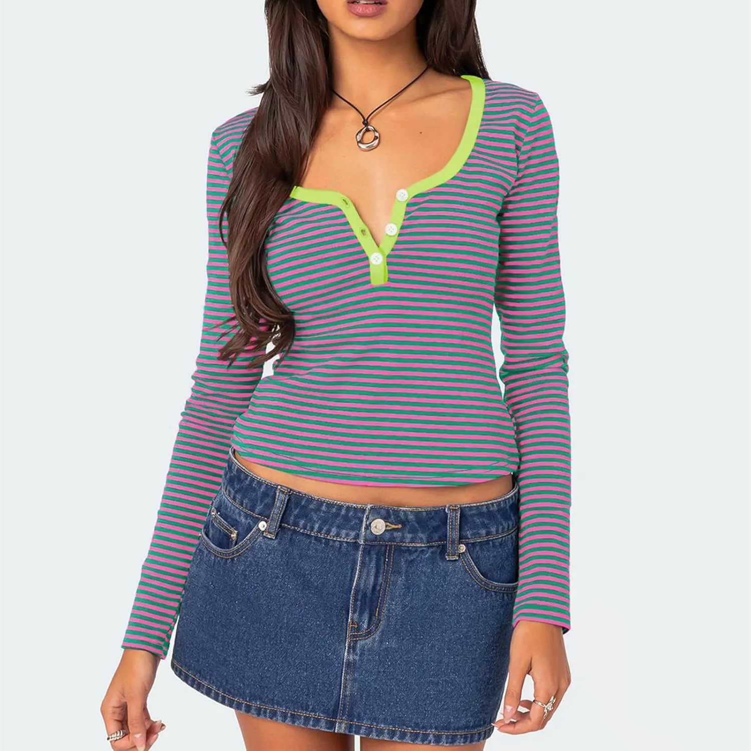 Women Y2k Long Sleeve Striped Tops Ribbed Knit Slim Fit Basic Shirts Button Down V Neck Henley Tee Tops