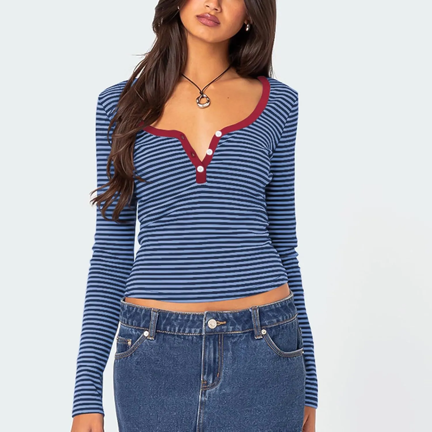 Women Y2k Long Sleeve Striped Tops Ribbed Knit Slim Fit Basic Shirts Button Down V Neck Henley Tee Tops