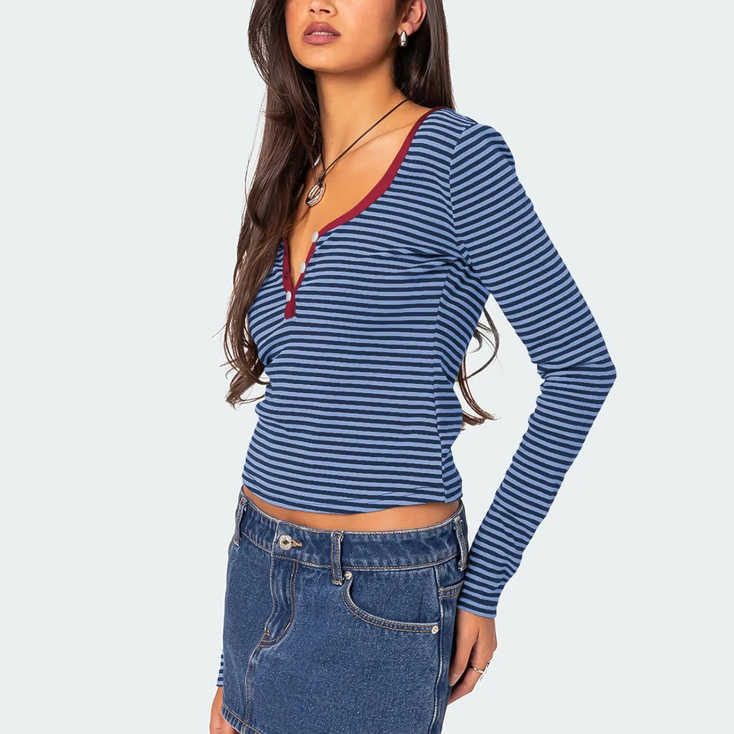 Women Y2k Long Sleeve Striped Tops Ribbed Knit Slim Fit Basic Shirts Button Down V Neck Henley Tee Tops