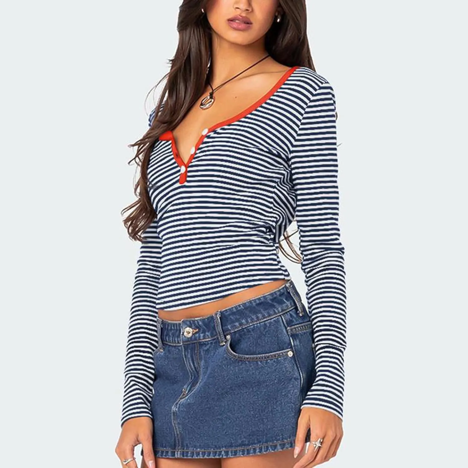 Women Y2k Long Sleeve Striped Tops Ribbed Knit Slim Fit Basic Shirts Button Down V Neck Henley Tee Tops