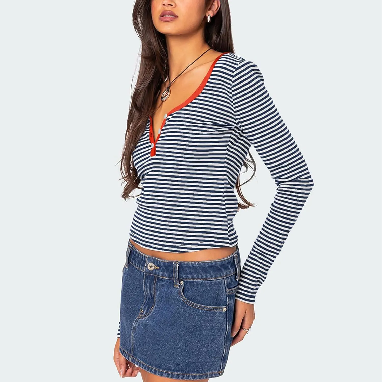 Women Y2k Long Sleeve Striped Tops Ribbed Knit Slim Fit Basic Shirts Button Down V Neck Henley Tee Tops