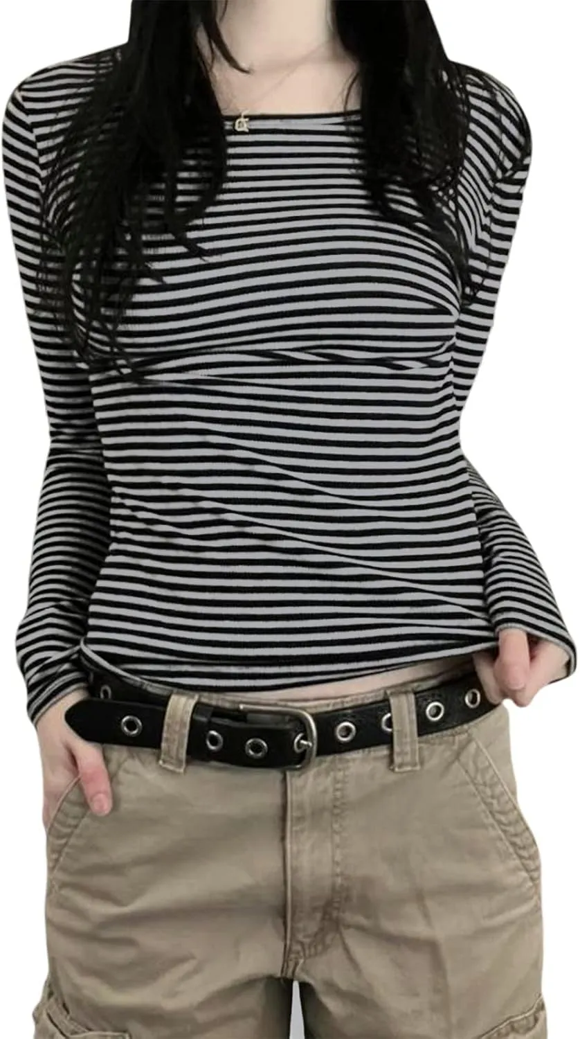 Women Y2k Long Sleeve Striped Tops Ribbed Knit Slim Fit Basic Shirts Button Down V Neck Henley Tee Tops