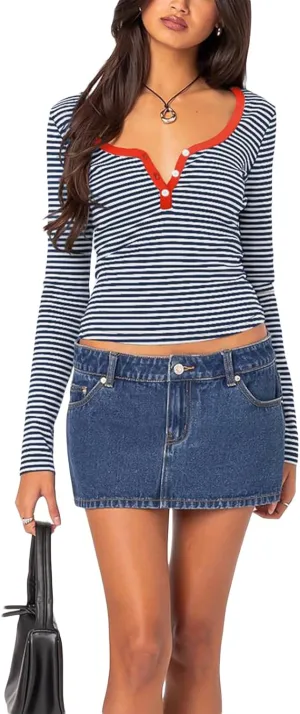Women Y2k Long Sleeve Striped Tops Ribbed Knit Slim Fit Basic Shirts Button Down V Neck Henley Tee Tops