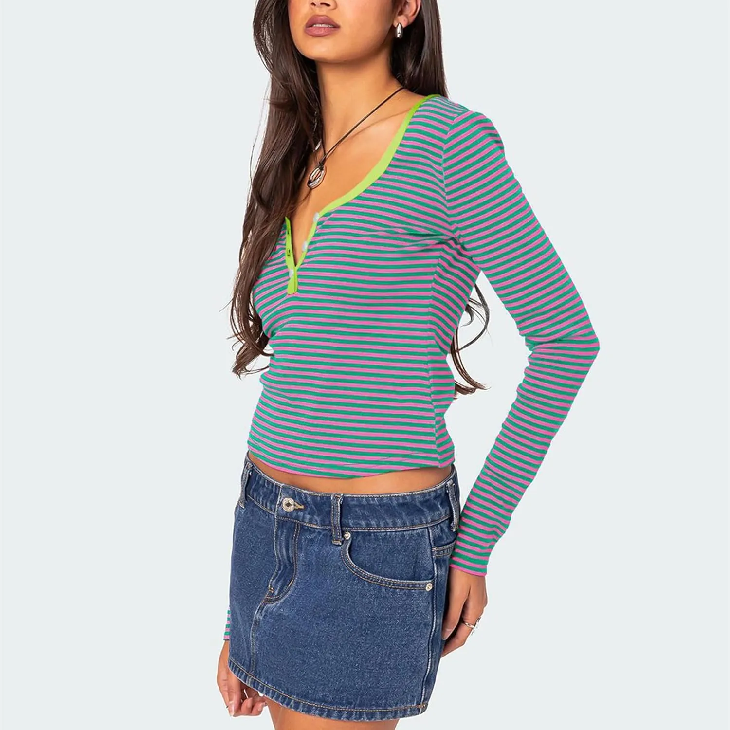Women Y2k Long Sleeve Striped Tops Ribbed Knit Slim Fit Basic Shirts Button Down V Neck Henley Tee Tops