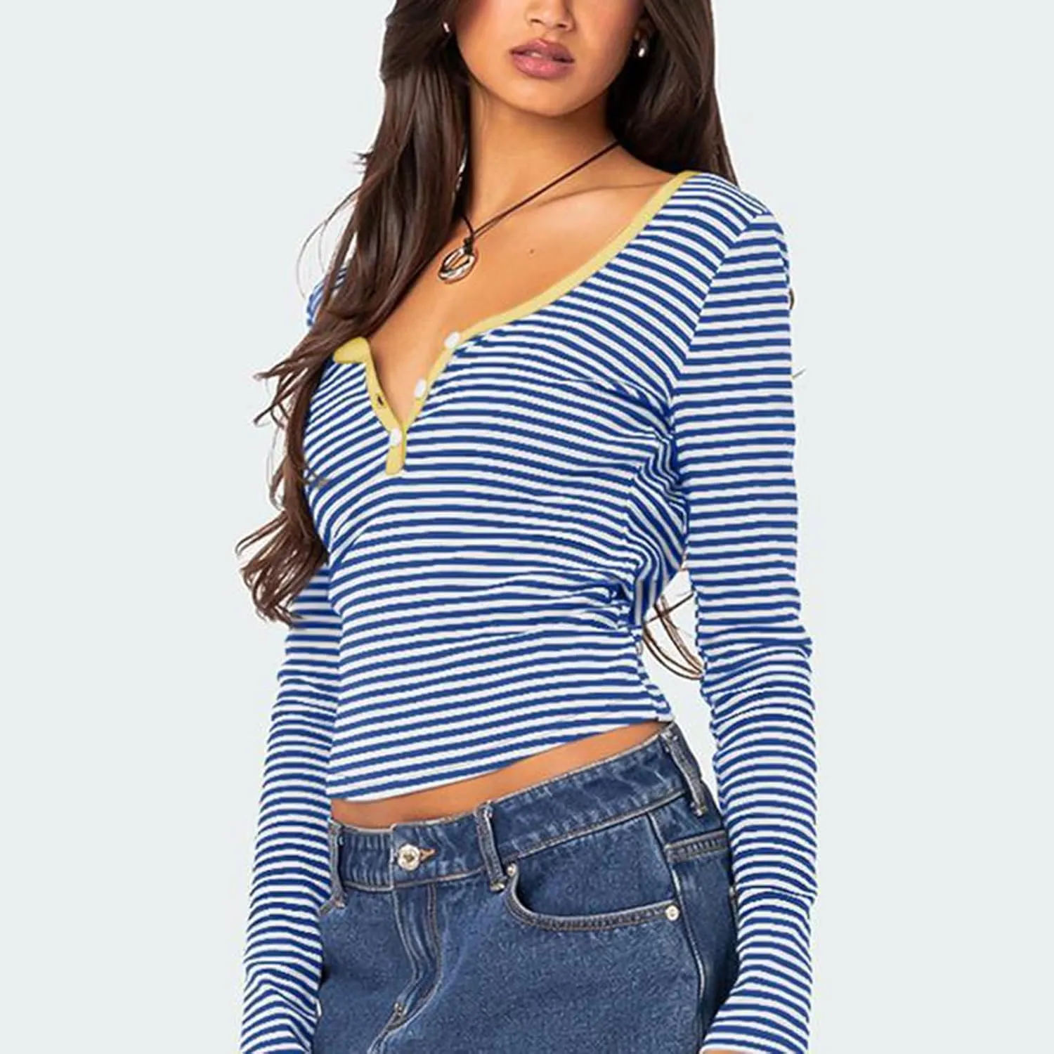 Women Y2k Long Sleeve Striped Tops Ribbed Knit Slim Fit Basic Shirts Button Down V Neck Henley Tee Tops