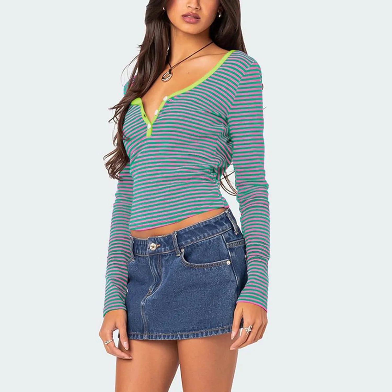 Women Y2k Long Sleeve Striped Tops Ribbed Knit Slim Fit Basic Shirts Button Down V Neck Henley Tee Tops