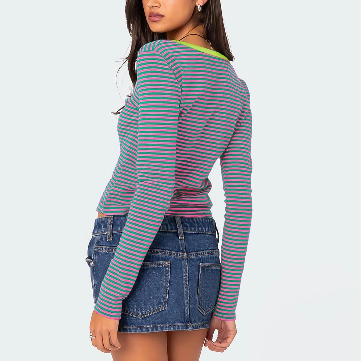 Women Y2k Long Sleeve Striped Tops Ribbed Knit Slim Fit Basic Shirts Button Down V Neck Henley Tee Tops