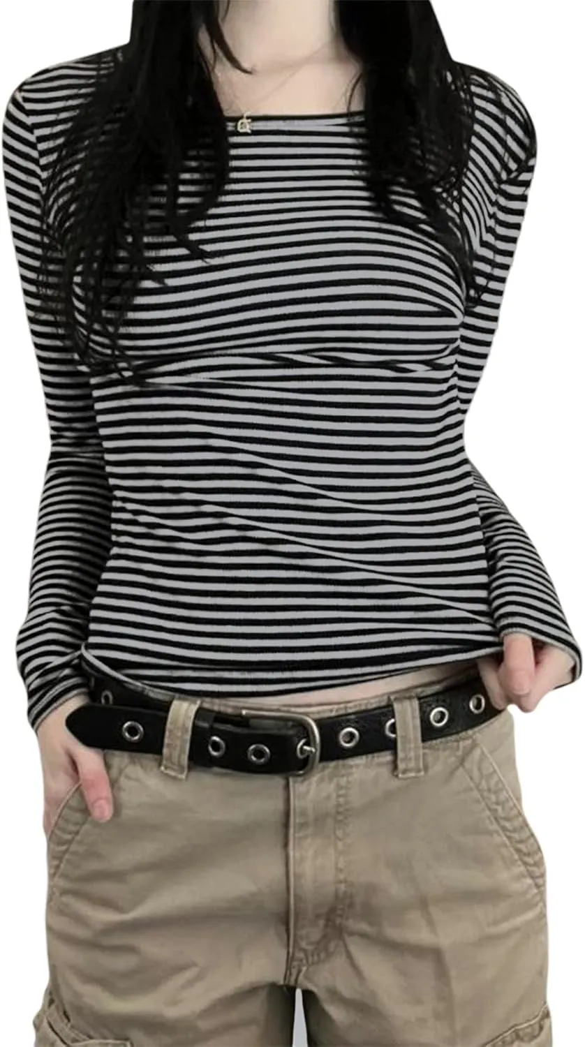 Women Y2k Long Sleeve Striped Tops Ribbed Knit Slim Fit Basic Shirts Button Down V Neck Henley Tee Tops