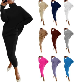 Women's 2 Piece Outfits Ribbed Knit Long Sleeve Oversized Turtleneck Sweater Top & Bodycon Midi Skirt Dress Set Trendy
