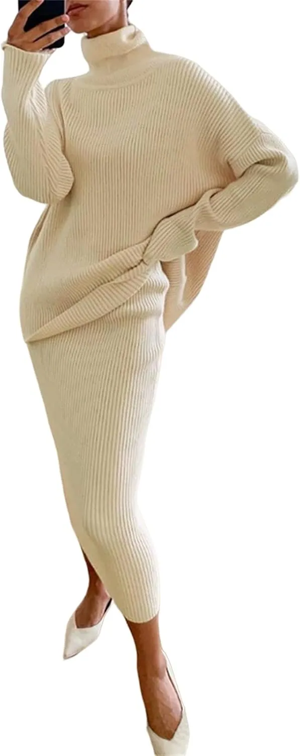 Women's 2 Piece Outfits Ribbed Knit Long Sleeve Oversized Turtleneck Sweater Top & Bodycon Midi Skirt Dress Set Trendy