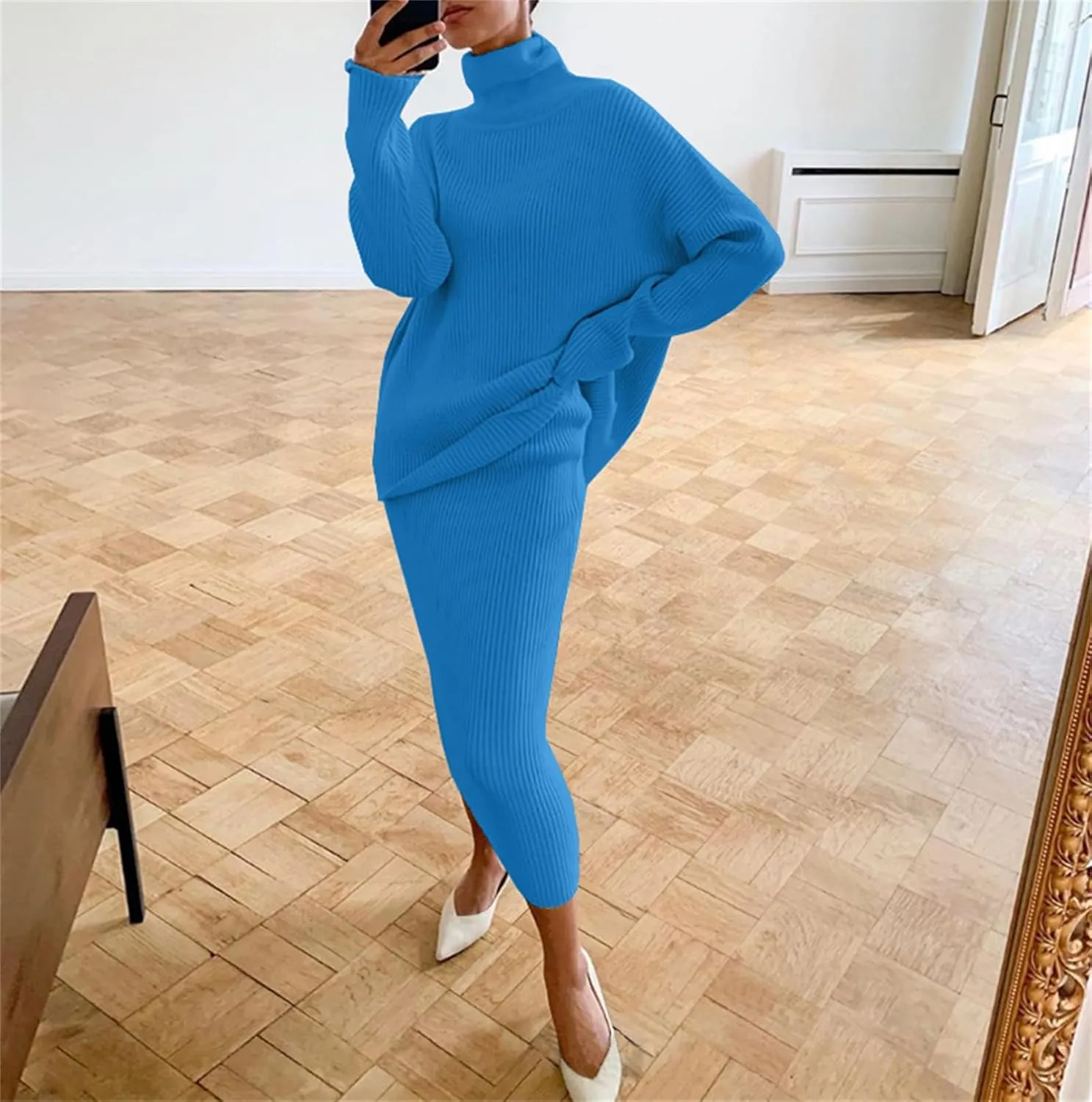 Women's 2 Piece Outfits Ribbed Knit Long Sleeve Oversized Turtleneck Sweater Top & Bodycon Midi Skirt Dress Set Trendy