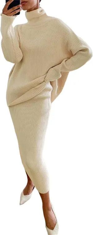 Women's 2 Piece Outfits Ribbed Knit Long Sleeve Oversized Turtleneck Sweater Top & Bodycon Midi Skirt Dress Set Trendy