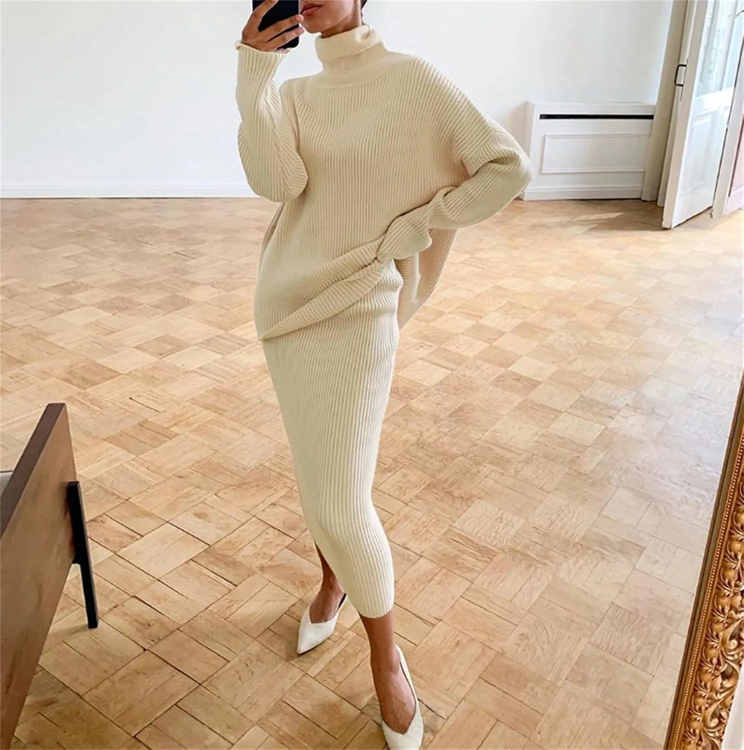 Women's 2 Piece Outfits Ribbed Knit Long Sleeve Oversized Turtleneck Sweater Top & Bodycon Midi Skirt Dress Set Trendy