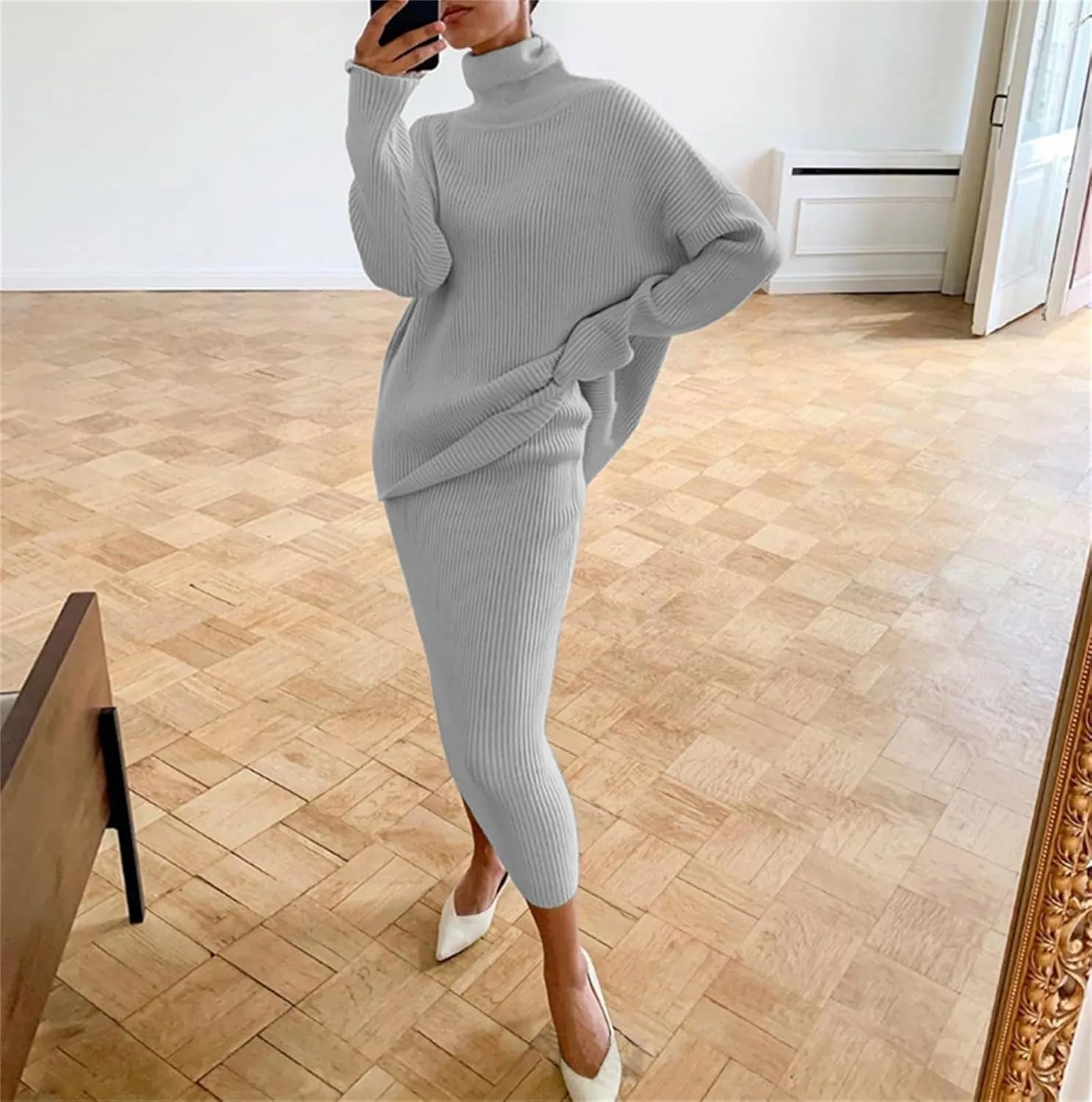 Women's 2 Piece Outfits Ribbed Knit Long Sleeve Oversized Turtleneck Sweater Top & Bodycon Midi Skirt Dress Set Trendy