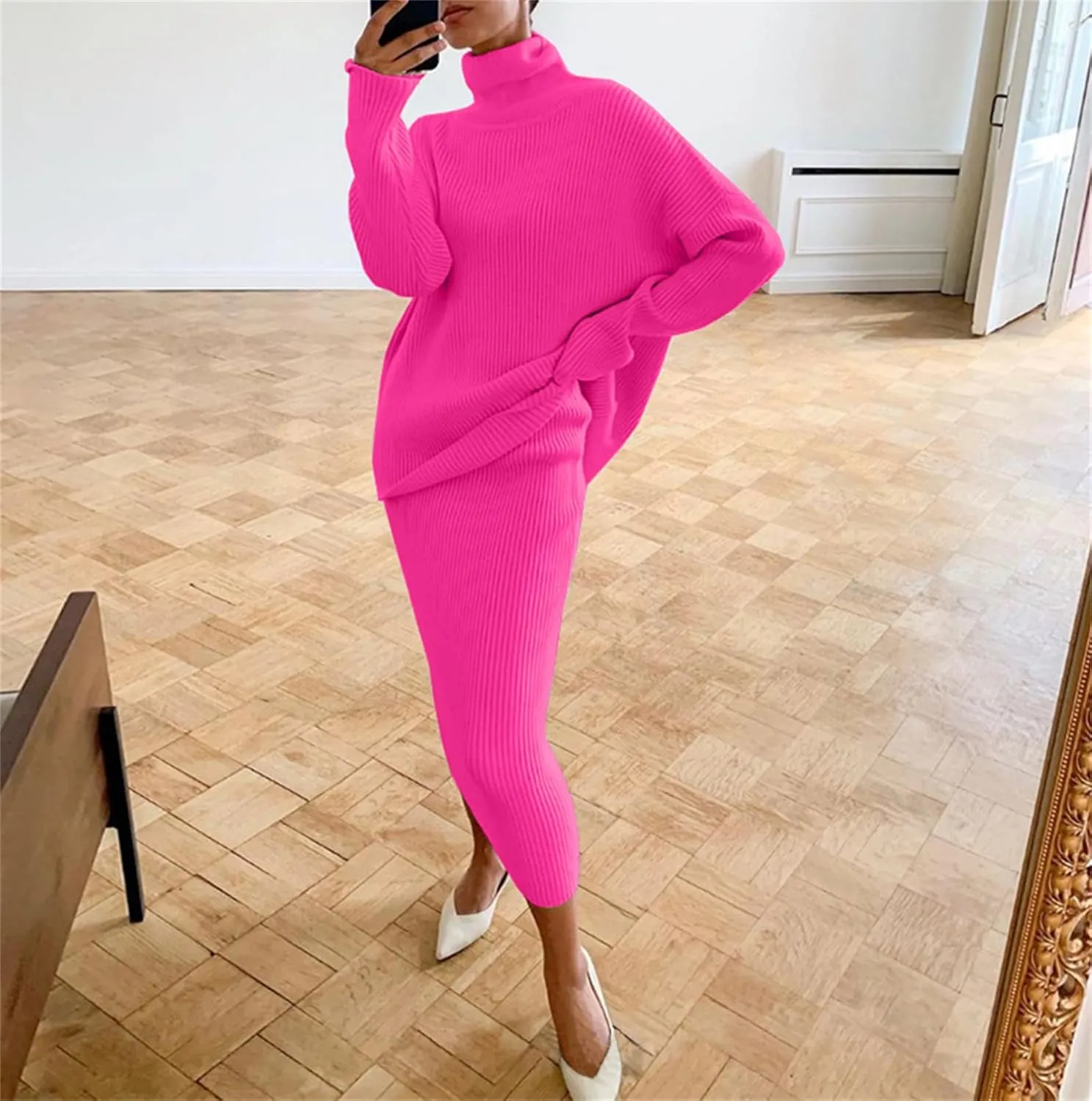 Women's 2 Piece Outfits Ribbed Knit Long Sleeve Oversized Turtleneck Sweater Top & Bodycon Midi Skirt Dress Set Trendy