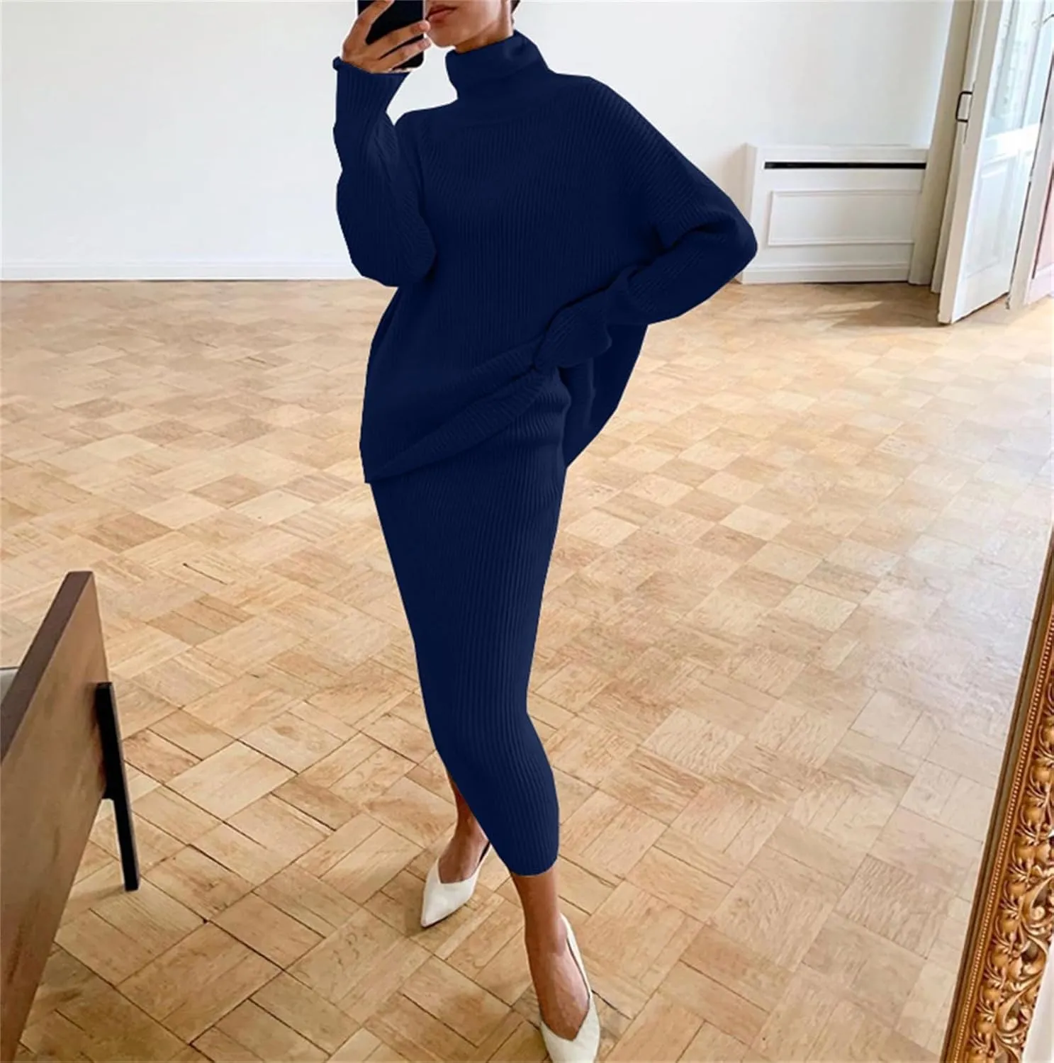 Women's 2 Piece Outfits Ribbed Knit Long Sleeve Oversized Turtleneck Sweater Top & Bodycon Midi Skirt Dress Set Trendy