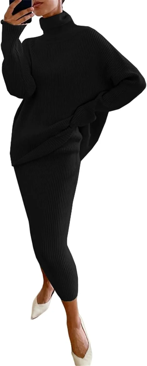Women's 2 Piece Outfits Ribbed Knit Long Sleeve Oversized Turtleneck Sweater Top & Bodycon Midi Skirt Dress Set Trendy