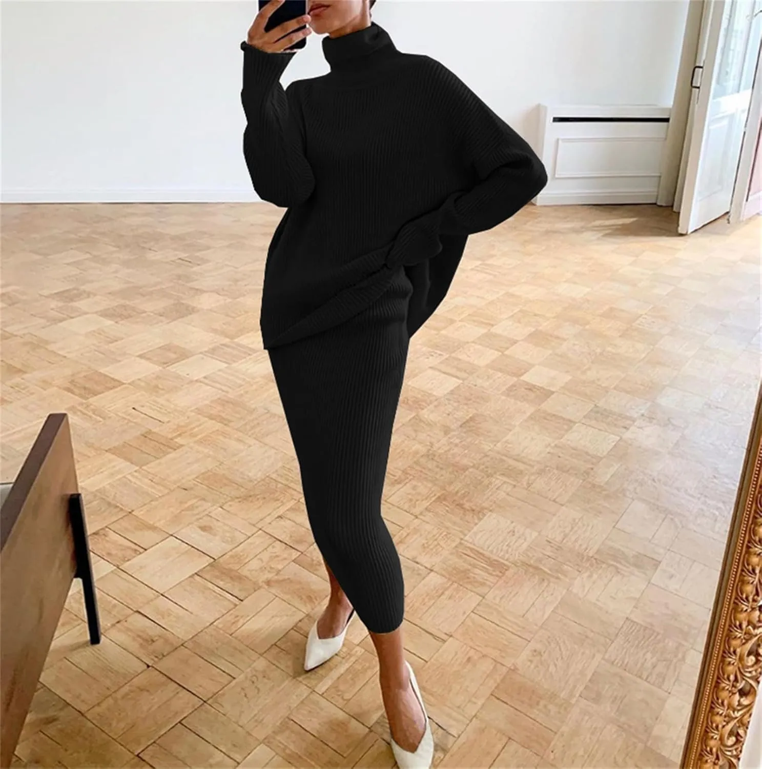 Women's 2 Piece Outfits Ribbed Knit Long Sleeve Oversized Turtleneck Sweater Top & Bodycon Midi Skirt Dress Set Trendy