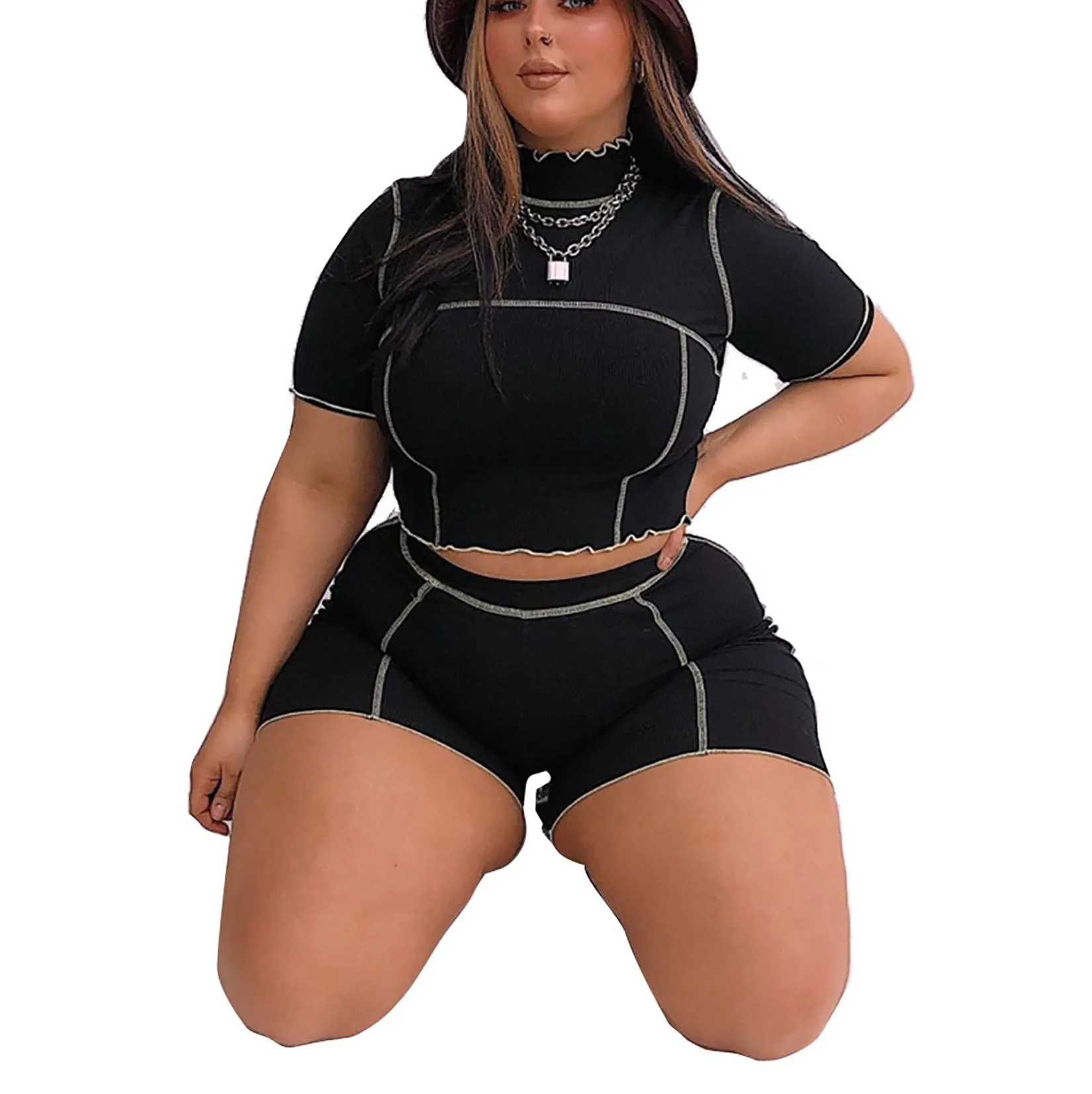 Womens 2 Piece Plus Size Outfit Short Sleeves Tracksuit Leisure Jogger Sportswear Set Activewear