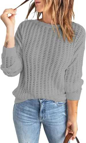 Women's 2024 Crew Neck Long Sleeve Pullover Sweater Casual Loose Fall Ribbed Knit Solid Drop Shoulder Jumper Tops