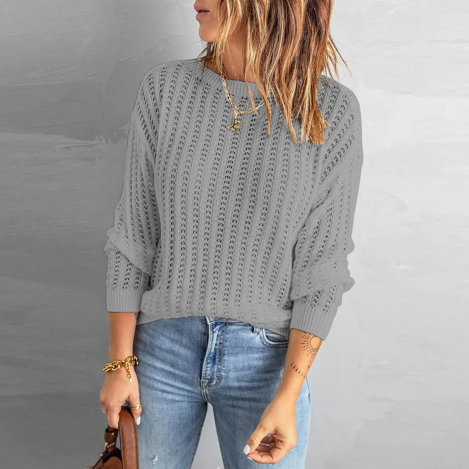 Women's 2024 Crew Neck Long Sleeve Pullover Sweater Casual Loose Fall Ribbed Knit Solid Drop Shoulder Jumper Tops