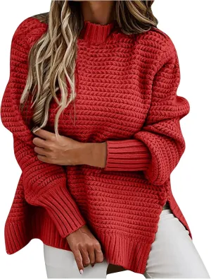 Women's 2024 Fall Casual Fall Oversized Sweater Long Sleeve Crew Neck Side Slit Oversized Ribbed Knit Pullover Tops