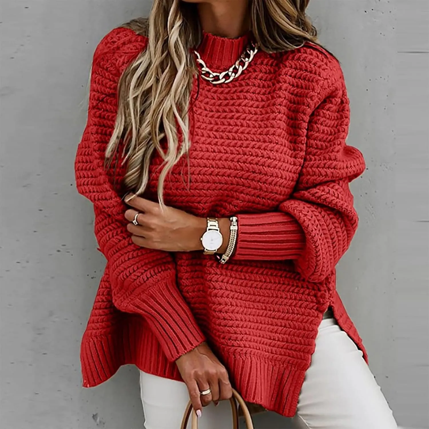Women's 2024 Fall Casual Fall Oversized Sweater Long Sleeve Crew Neck Side Slit Oversized Ribbed Knit Pullover Tops