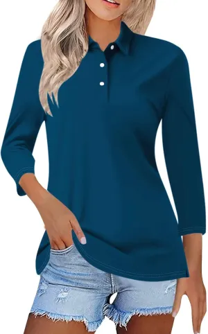 Womens 3/4 Sleeve Polo Shirts Business Casual V Neck Lapel Collar Button Down Work Polos Plus Size Basic Cute Tees