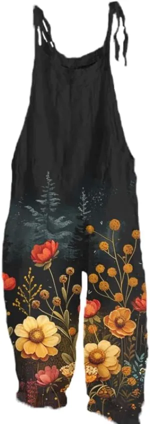 Womens Boho Jumpsuit Summer Comfy Loose Boho Floral Printed Comfy Large Size Jumpsuits Beach Overalls