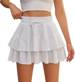 Women's Boho Tiered Pleated Mini Skirts Boho High Waist Flowy Comfy Ruffled Tennis Golf Skorts