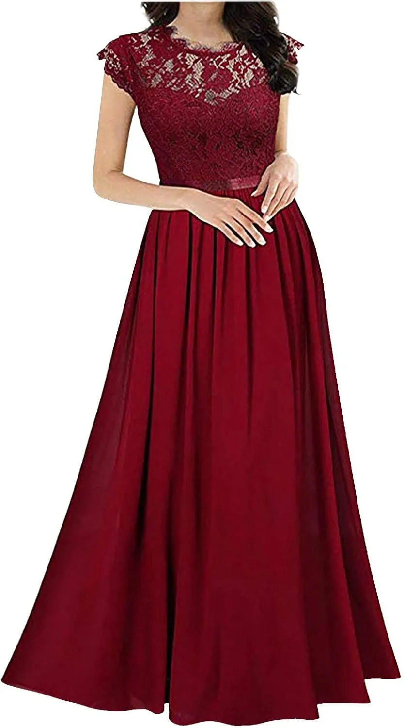 Women's Bridesmaids Evening Gowns Sleeveless Lace Floral Wedding Guest Long Dresses Formal Party Casual Maxi Dresses