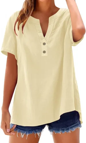 Womens Button Down Shirt Cotton Linen Blouse Stand Up Collarless Tops V-Neck Cotton Short Sleeved Blouse for Women 2025