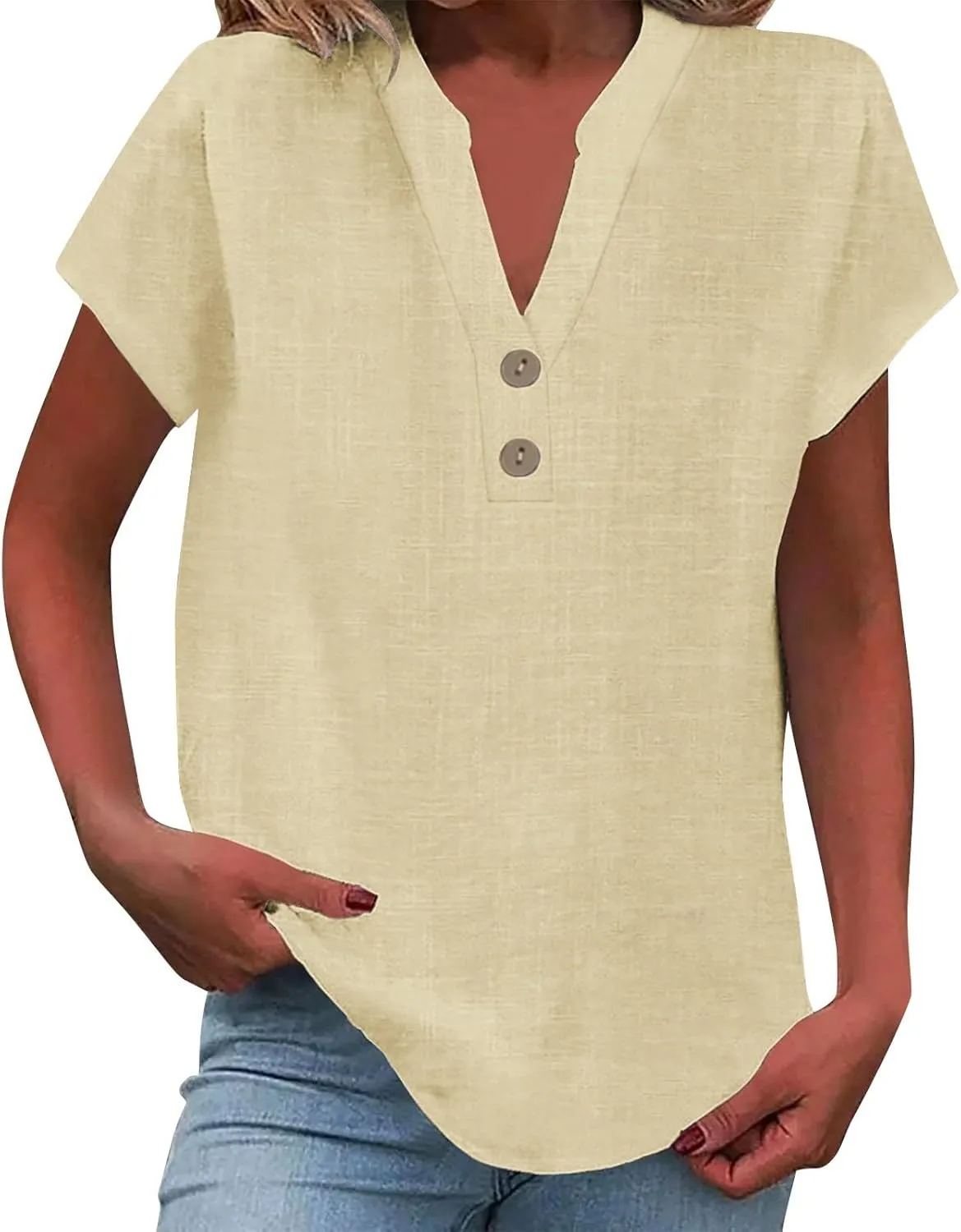 Womens Button Down Shirt Cotton Linen Blouse Stand Up Collarless Tops V-Neck Cotton Short Sleeved Blouse for Women 2025